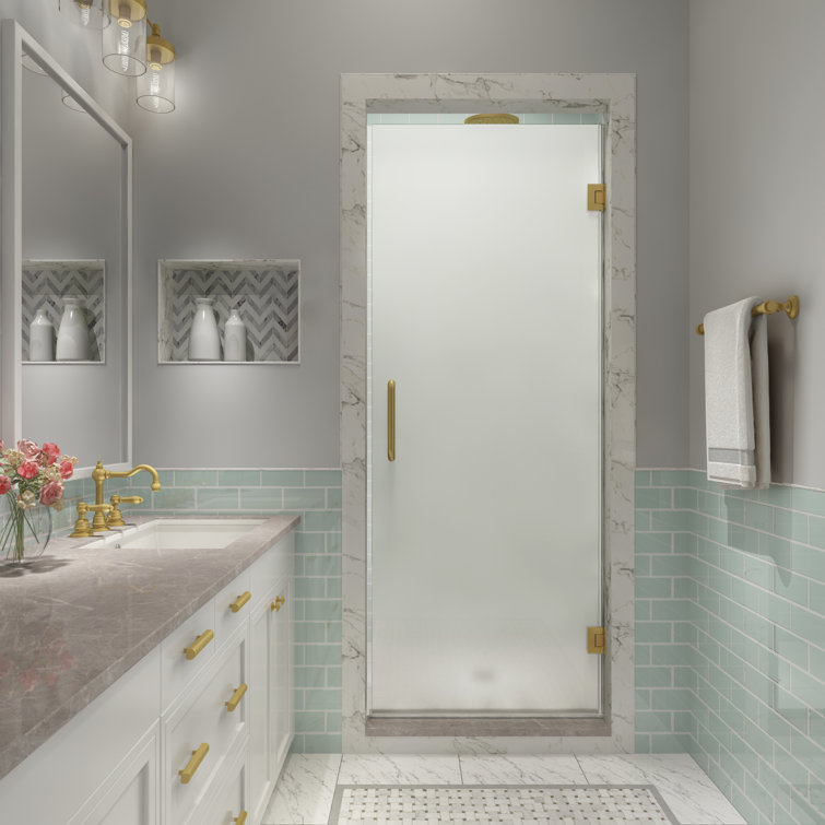 Kinkade XL 22" Wide Brushed Gold Frameless Hinged Shower Door with Frosted Glass