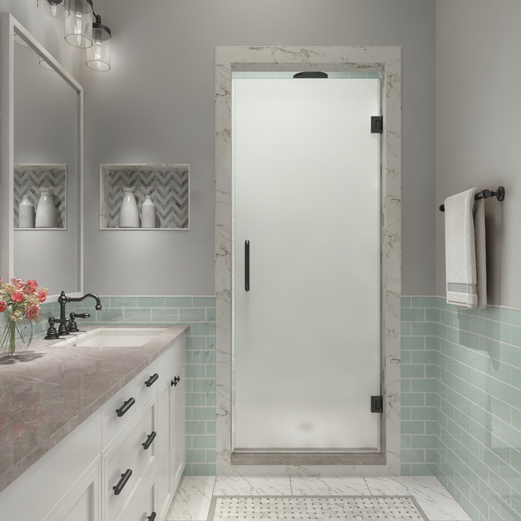 Matte Black Frameless Hinged Shower Door with Frosted Glass, 80" x 33"