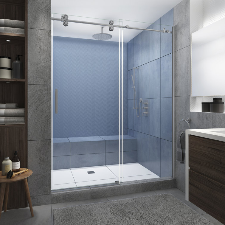 Langham XL Frameless Sliding Shower Door with Clear Glass and Stainless Steel Finish