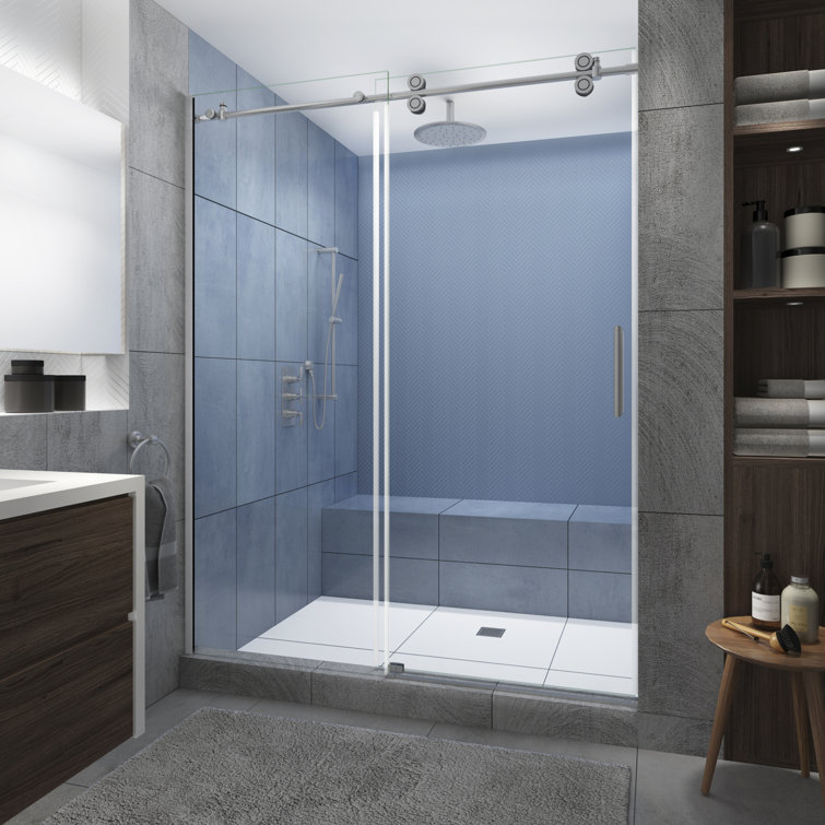 Langham XL Frameless Sliding Shower Door with Clear Glass and Stainless Steel Finish