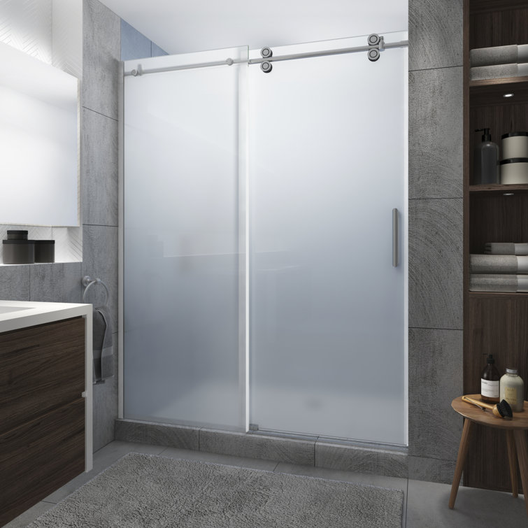 Langham XL Frosted Glass Frameless Sliding Shower Door in Stainless Steel