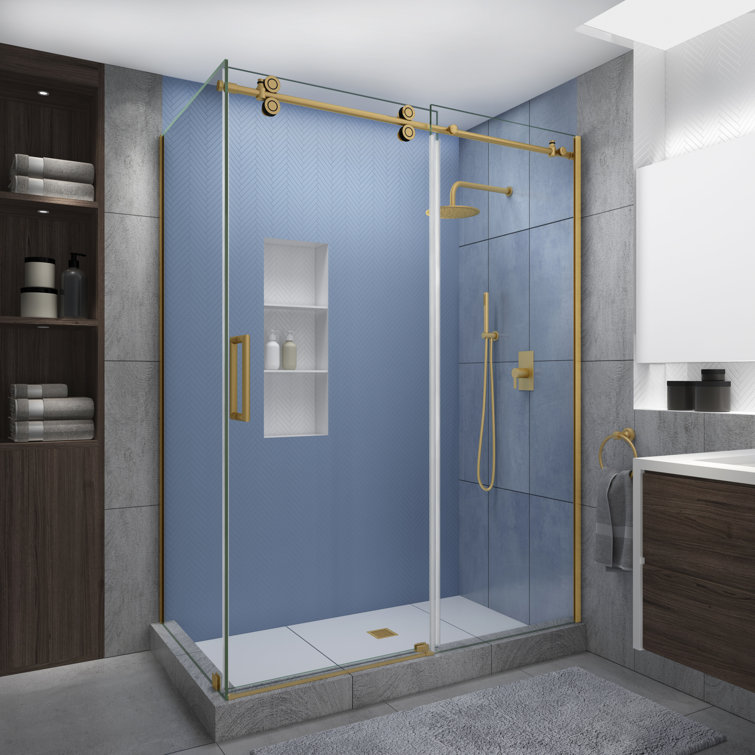 Langham XL Brushed Gold Frameless Sliding Shower Enclosure with Clear Glass