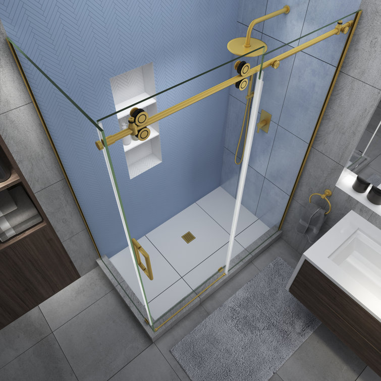 Langham XL Brushed Gold Frameless Sliding Shower Enclosure with Clear Glass