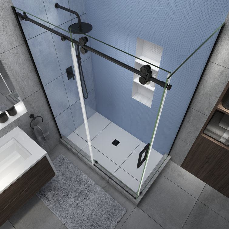 Langham XL Matte Black Frameless Sliding Shower Enclosure with Clear Glass