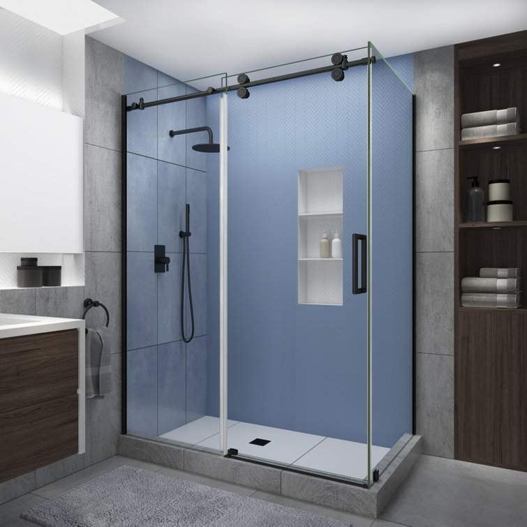 Langham XL Matte Black Frameless Sliding Shower Enclosure with Clear Glass