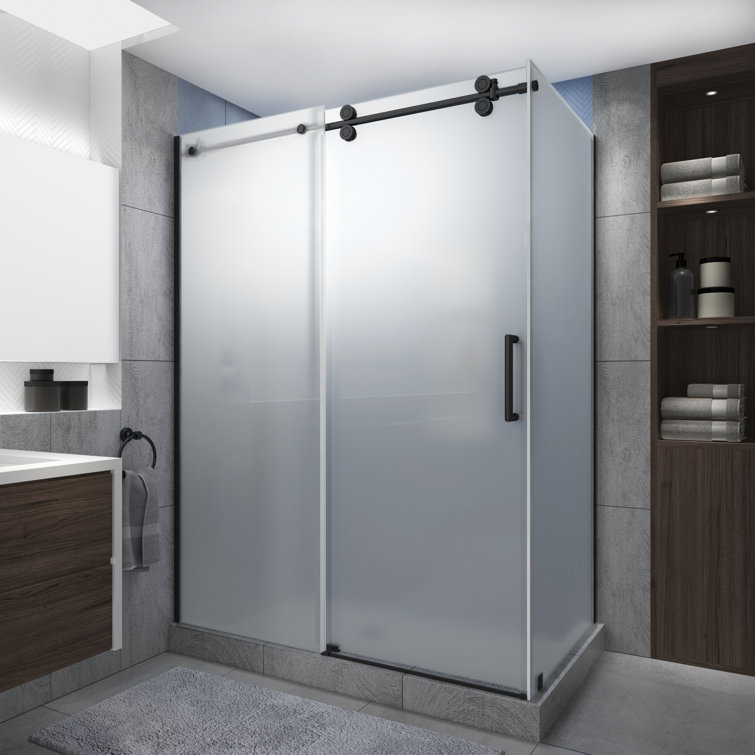 Langham XL Matte Black Frameless Sliding Shower Enclosure with Frosted Glass