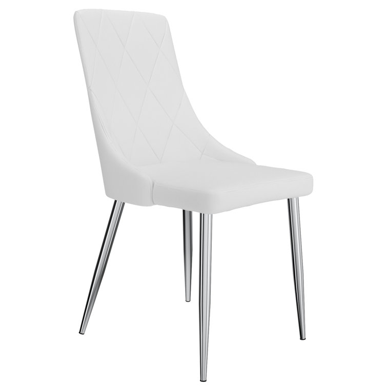 Curved Wood Frame Side Chair in White Faux Leather with Chrome Legs