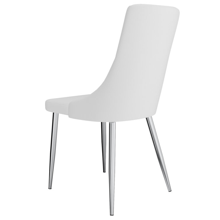 Curved Wood Frame Side Chair in White Faux Leather with Chrome Legs