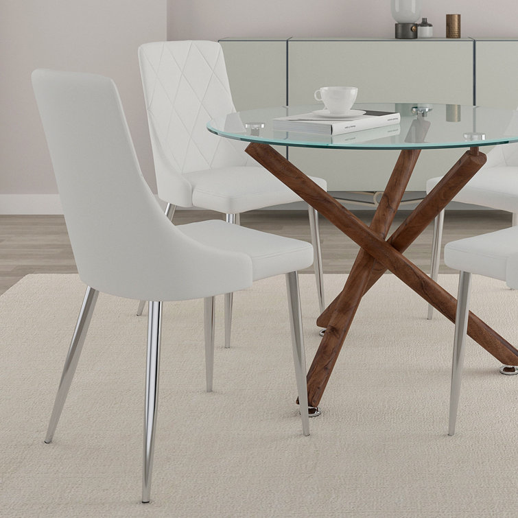 Curved Wood Frame Side Chair in White Faux Leather with Chrome Legs