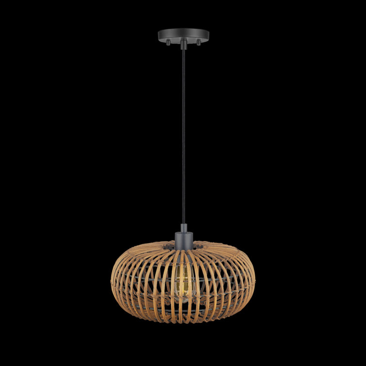 Matte Black Drum Pendant Light with Rattan Shade