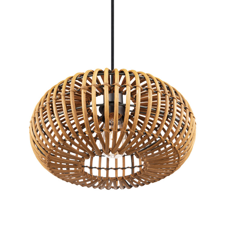 Matte Black Drum Pendant Light with Rattan Shade