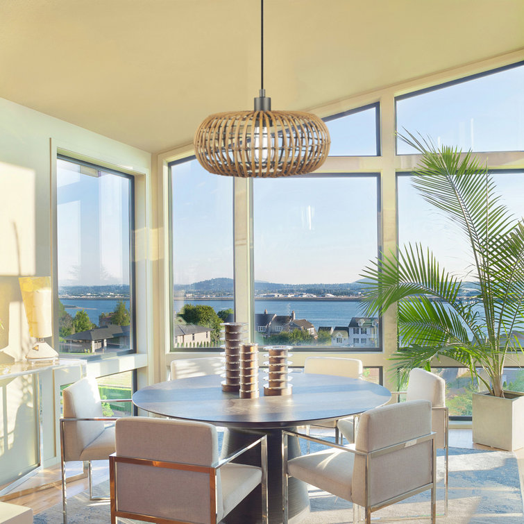 Matte Black Drum Pendant Light with Rattan Shade