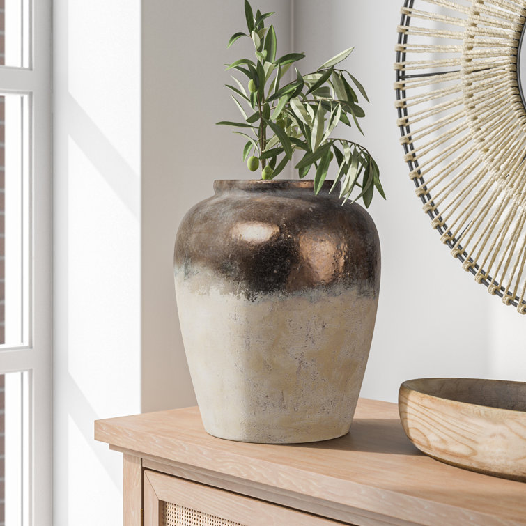 Candia 15.8'' Matte Beige and Metallic Copper Ceramic Vase