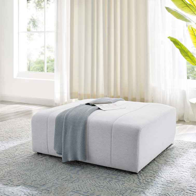 Ivory Tufted Polyester Fabric Ottoman with Solid Wood Frame
