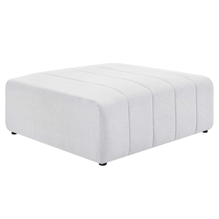 Ivory Tufted Polyester Fabric Ottoman with Solid Wood Frame