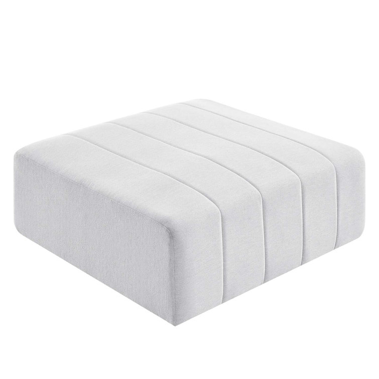 Ivory Tufted Polyester Fabric Ottoman with Solid Wood Frame