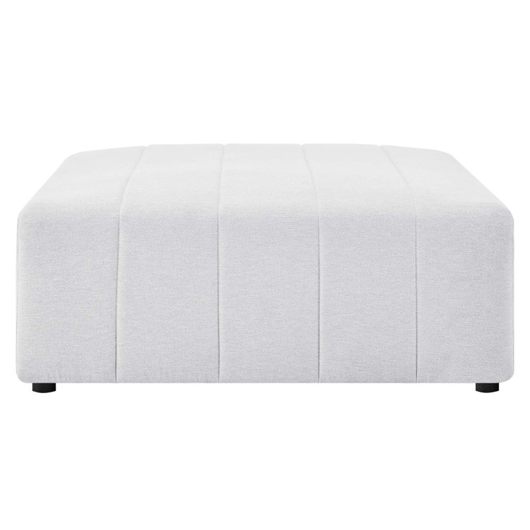 Ivory Tufted Polyester Fabric Ottoman with Solid Wood Frame