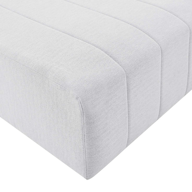 Ivory Tufted Polyester Fabric Ottoman with Solid Wood Frame