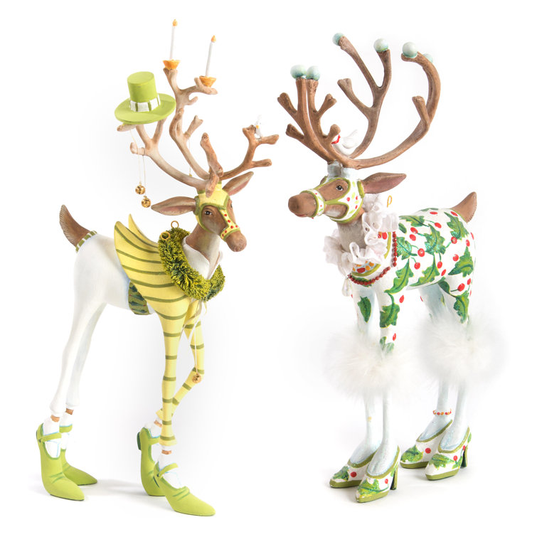 Hand-Painted Green and White Resin Prancer Reindeer Figurine