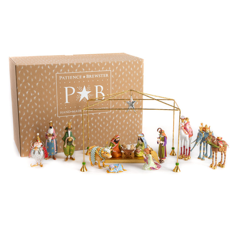 Colorful Miniature Nativity Set with Gold Accents, 13 Pieces