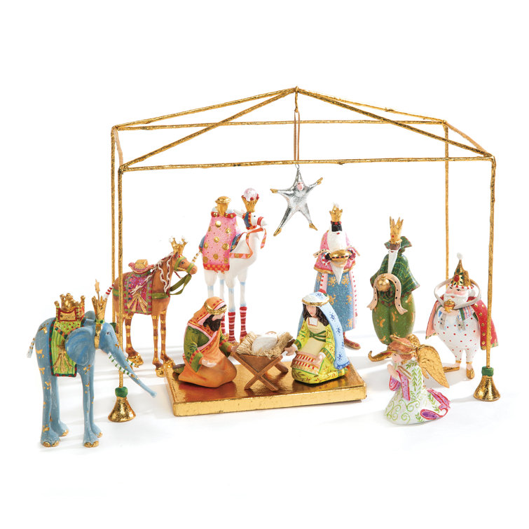 Colorful Miniature Nativity Set with Gold Accents, 13 Pieces