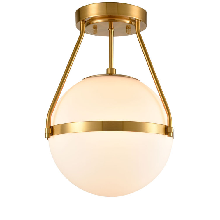 Brass and White Glass Globe Semi Flush Mount Light
