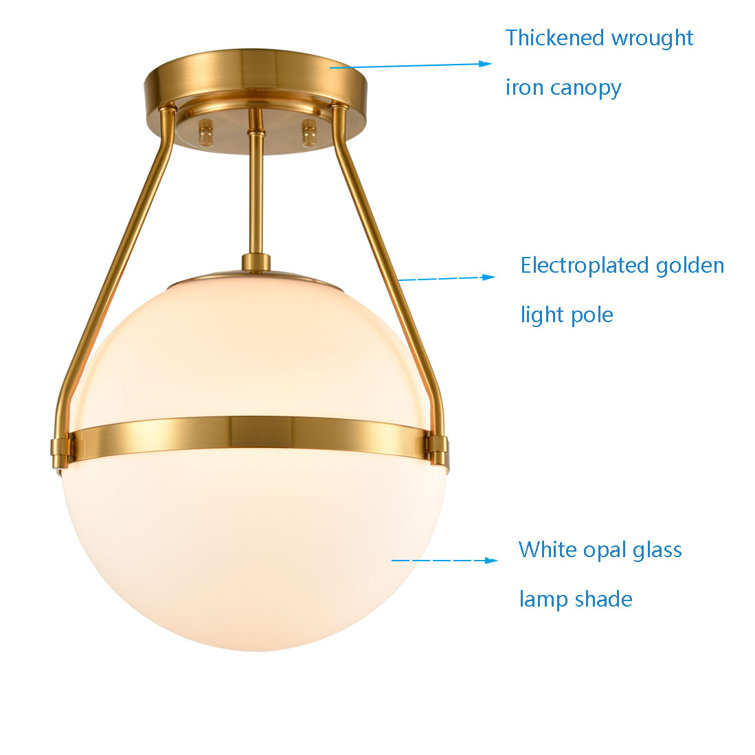 Brass and White Glass Globe Semi Flush Mount Light
