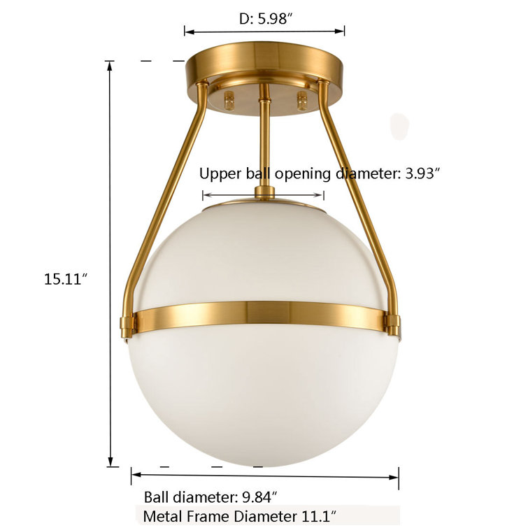 Brass and White Glass Globe Semi Flush Mount Light
