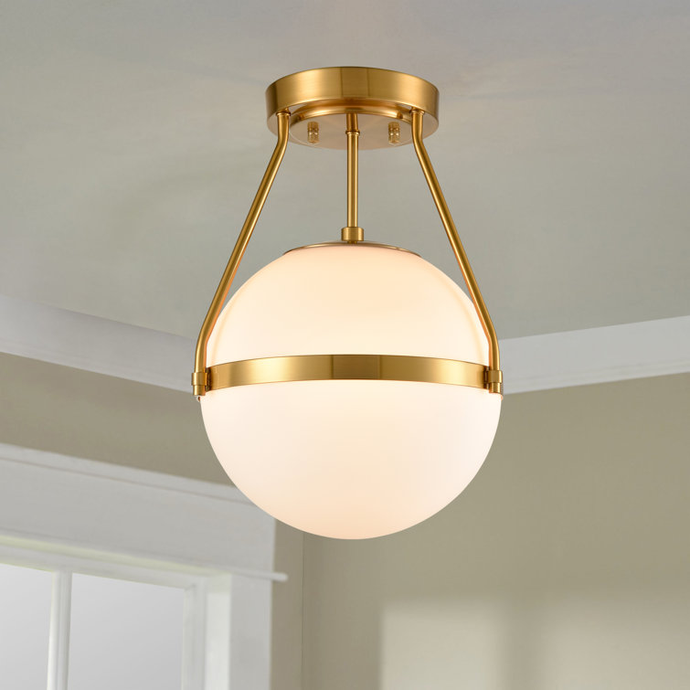 Brass and White Glass Globe Semi Flush Mount Light