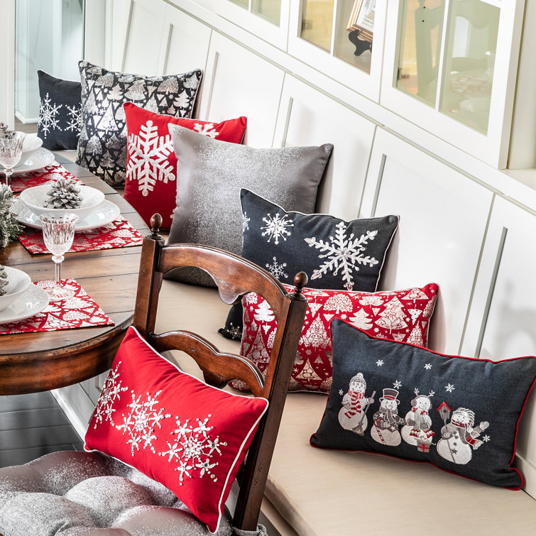 Red Embroidered Snowflake Christmas Lumbar Throw Pillow