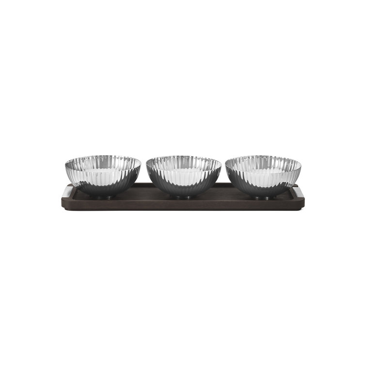 Bernadotte Dark Wood Tray with Ribbed Stainless Steel Bowls