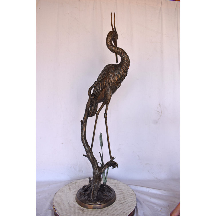 Bronze Crane Standing on Branch Sculptural Fountain, 43" Tall
