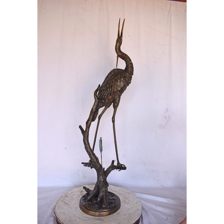 Bronze Crane Standing on Branch Sculptural Fountain, 43" Tall