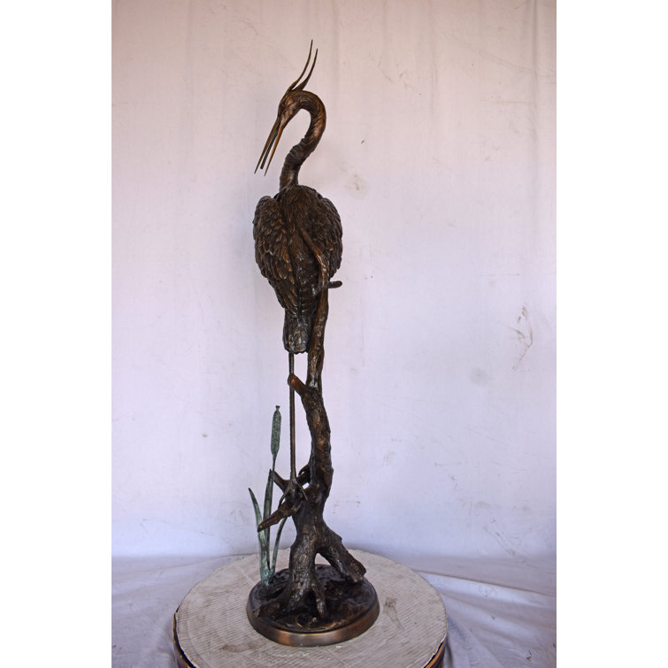 Bronze Crane Standing on Branch Sculptural Fountain, 43" Tall