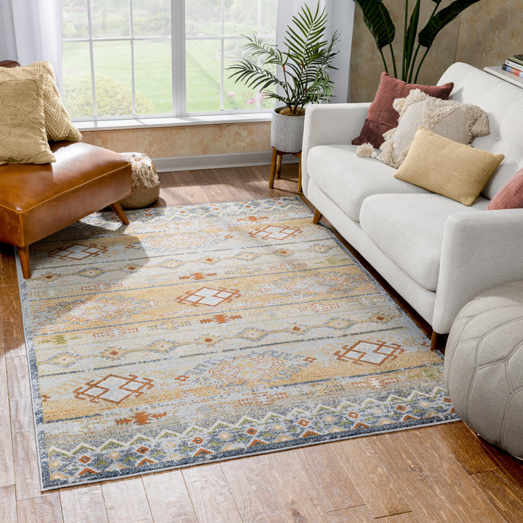 Cream and Red Synthetic Tribal Rectangular Rug