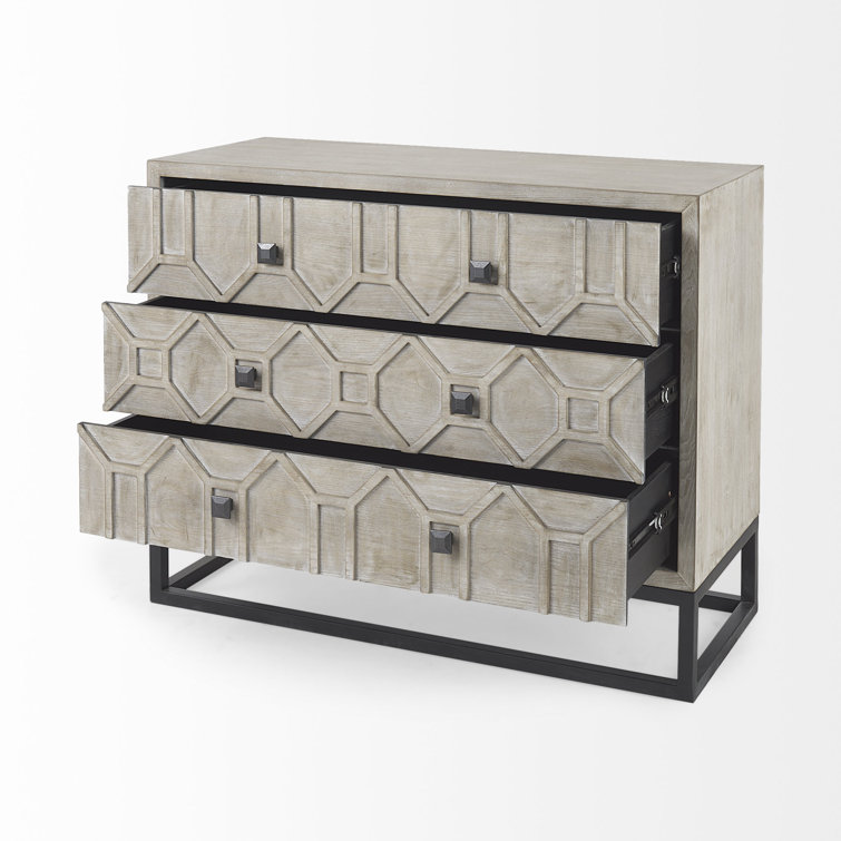 Genevieve Light Brown 3-Drawer Accent Cabinet with Antiqued Metal Base