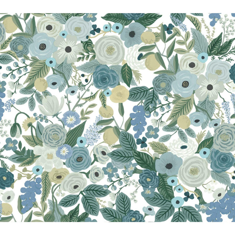 Blue Floral Self-Adhesive Removable Grasscloth Wallpaper Roll