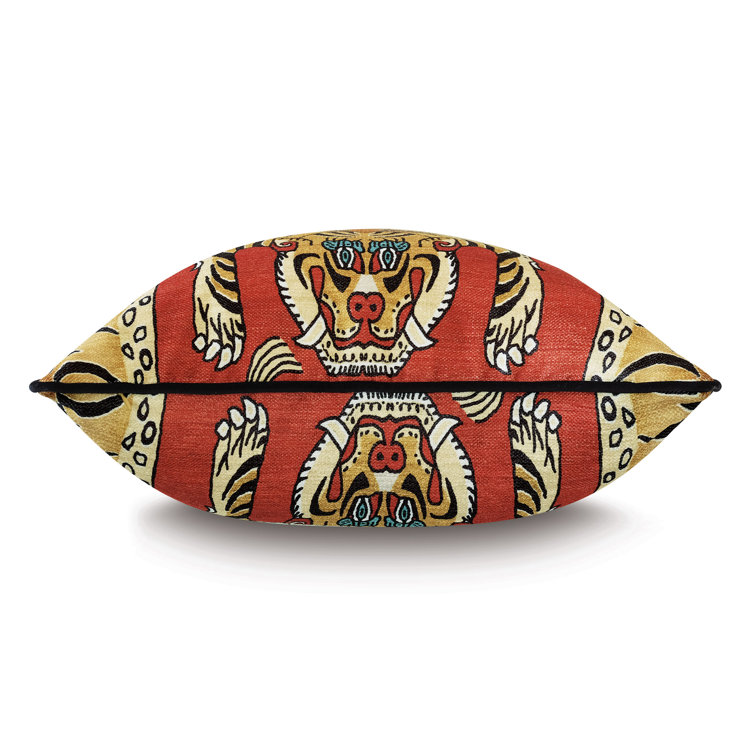 Red Polyester Square Throw Pillow with Tiger Design