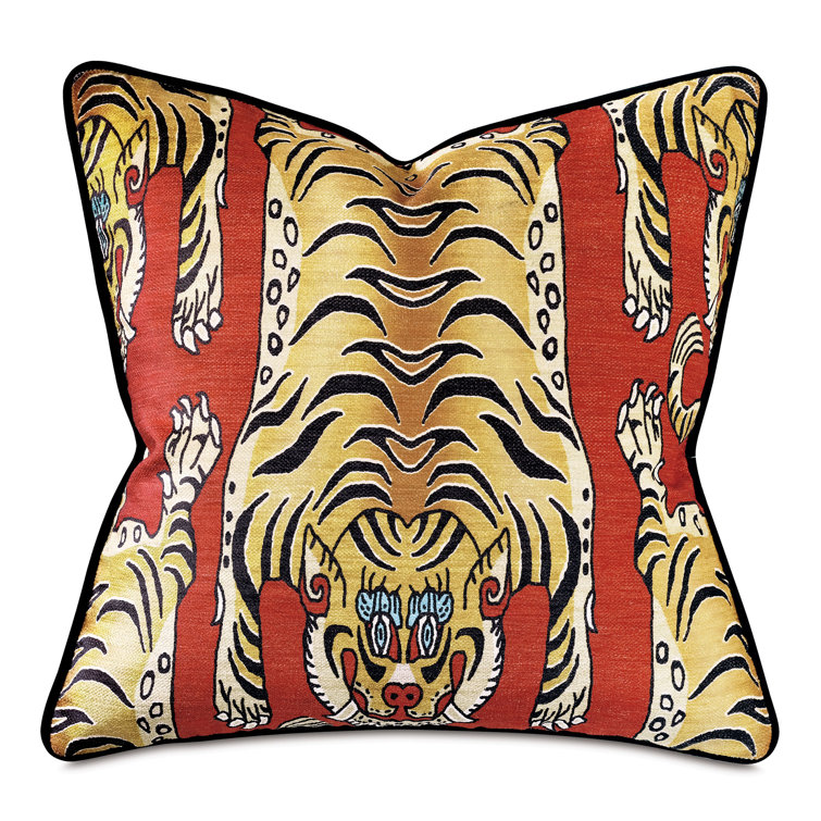 Red Polyester Square Throw Pillow with Tiger Design