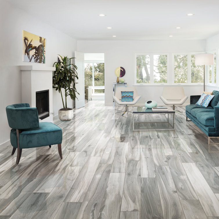 Gray Polished Porcelain Wood Look Floor and Wall Tile