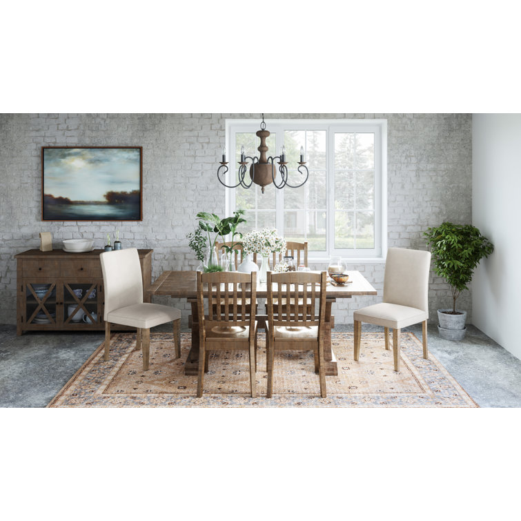 Cream Linen and Rustic Pine Upholstered Parsons Side Chair