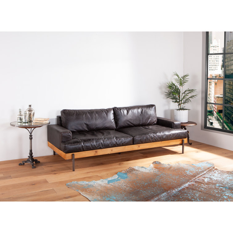 Portofino Distressed Antique Ebony Leather Oak Wood Sofa