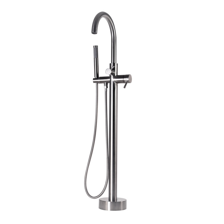 Satin Nickel Floor Mount Freestanding Bathtub Filler Faucet with Handheld Shower