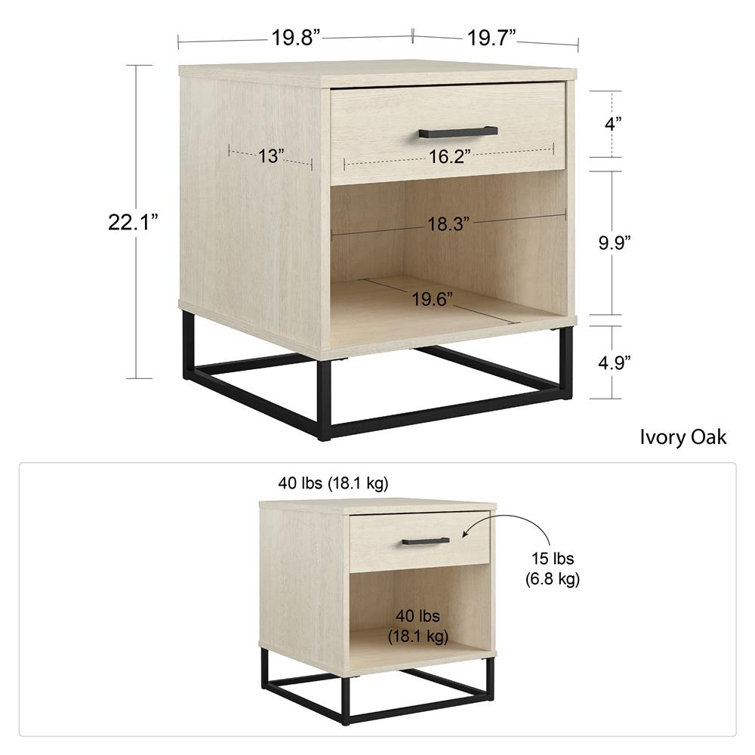 Ivory Oak Rustic Modern Nightstand with Drawer and Open Cubby