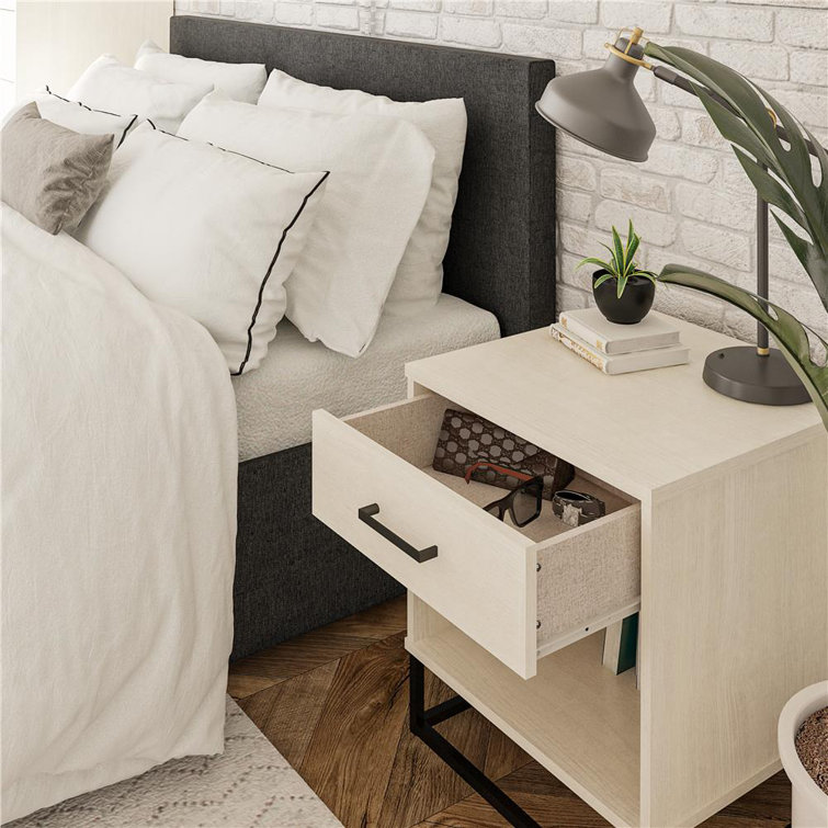 Ivory Oak Rustic Modern Nightstand with Drawer and Open Cubby