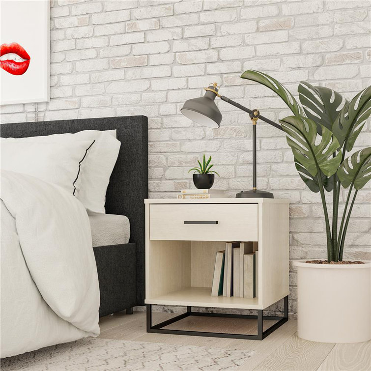 Ivory Oak Rustic Modern Nightstand with Drawer and Open Cubby