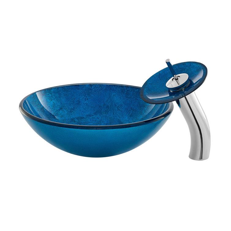 Cascade Ocean Blue Round Glass Vessel Sink with Waterfall Faucet