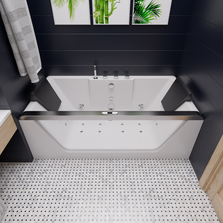 70.9'' White Acrylic Freestanding Whirlpool Bathtub with Glass Panel