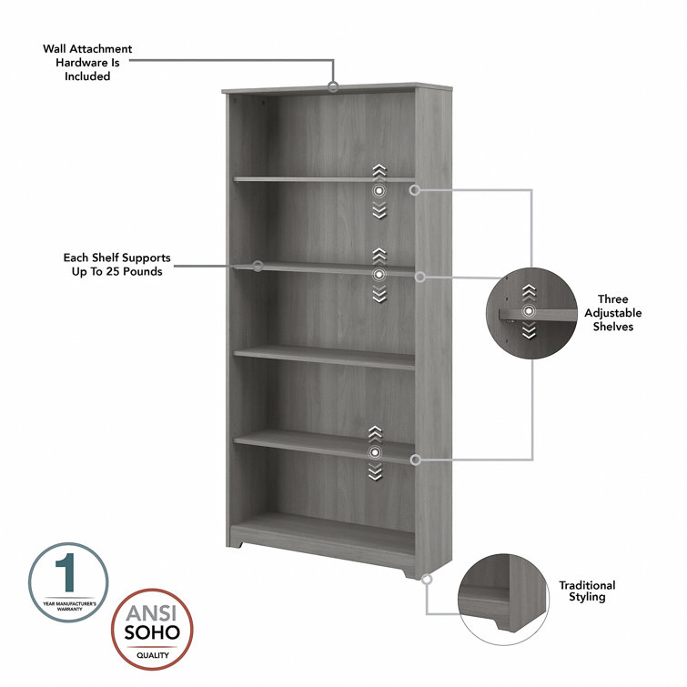 Adjustable Modern Gray 5-Shelf Traditional Bookcase