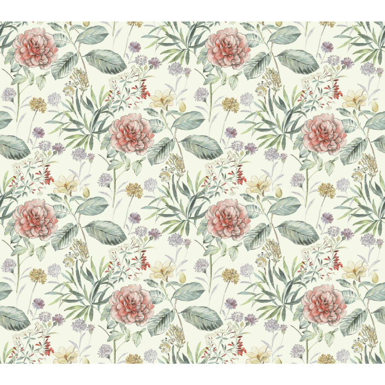 Coral and Green Floral Pre-pasted Removable Wallpaper Roll